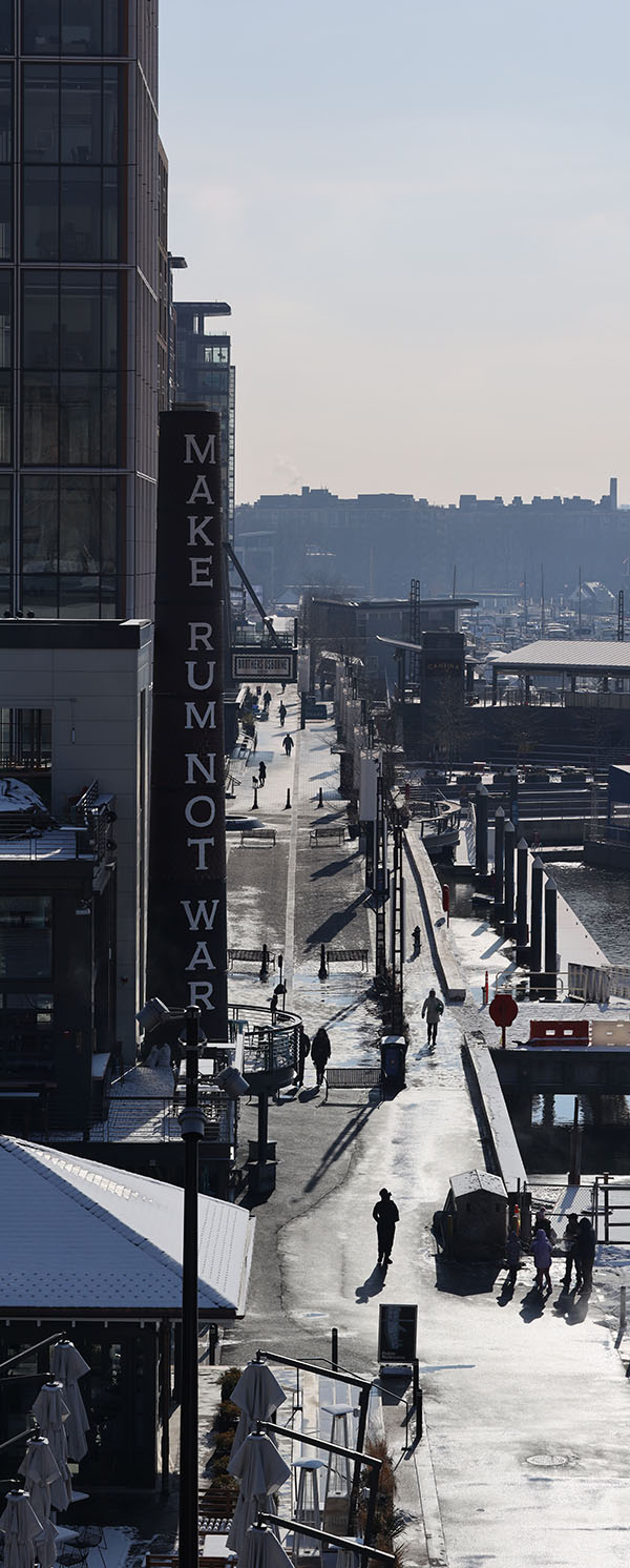 Vertical Panorama, Washington Waterfront Wharf in winter.